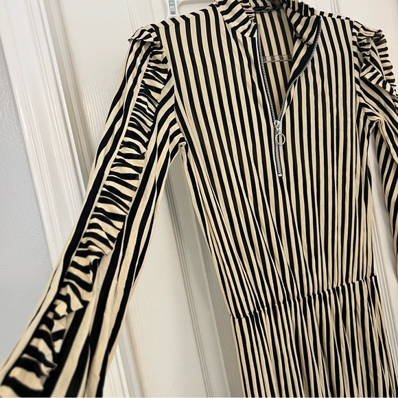 Zara Beige/Black Striped Ruffle Front Split Dress. - Picture 3 of 9